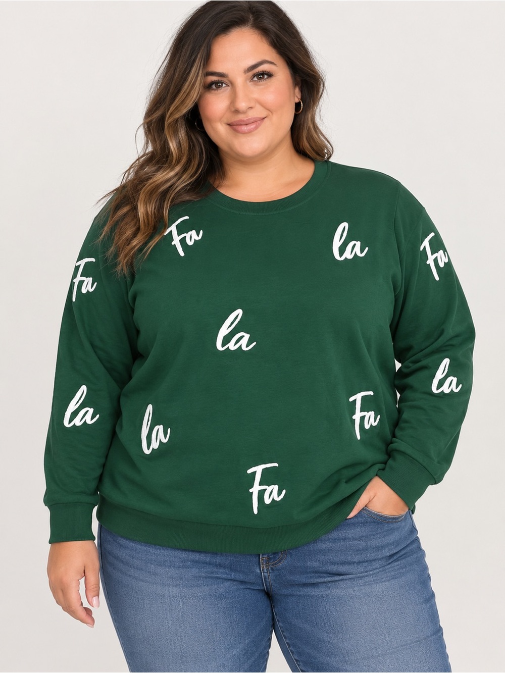 Jane + Delancey Fa La La Velvet Patch Luxe Pullover Sweatshirt, Green, 2X